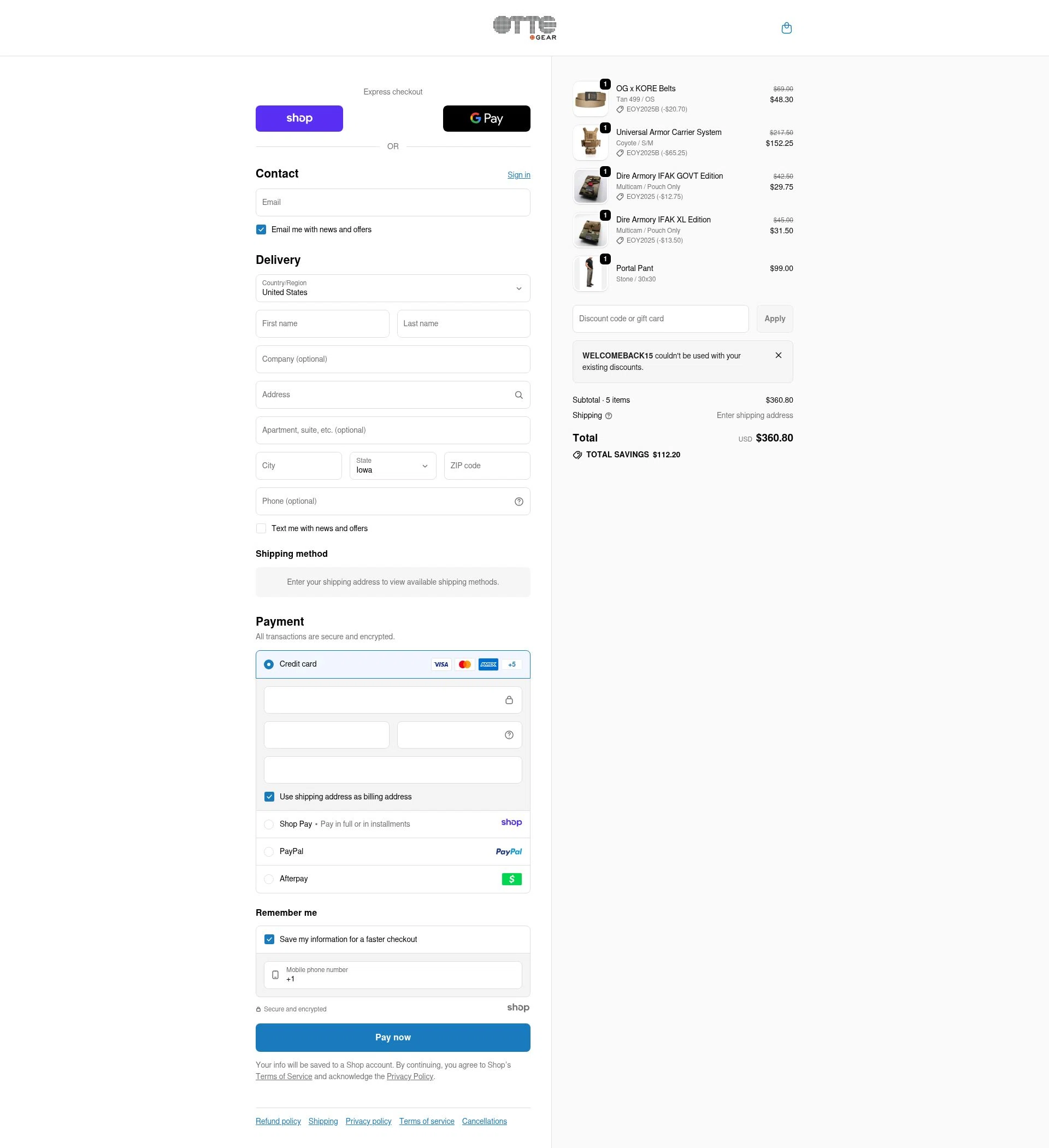 Otte Gear checkout page showing Otte Gear discount code box | Screenshot taken by SimplyCodes community member on Dec 23, 2025
