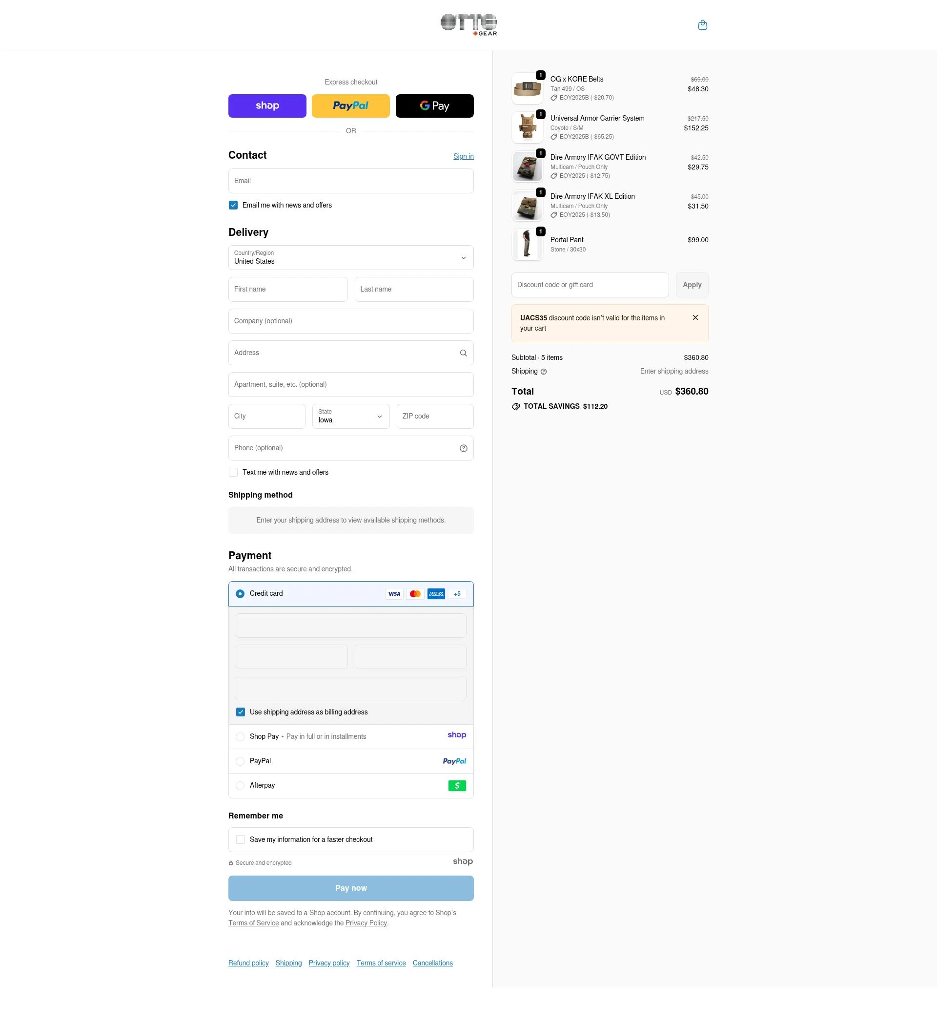 Otte Gear checkout page showing Otte Gear discount code box | Screenshot taken by SimplyCodes community member on Dec 27, 2025