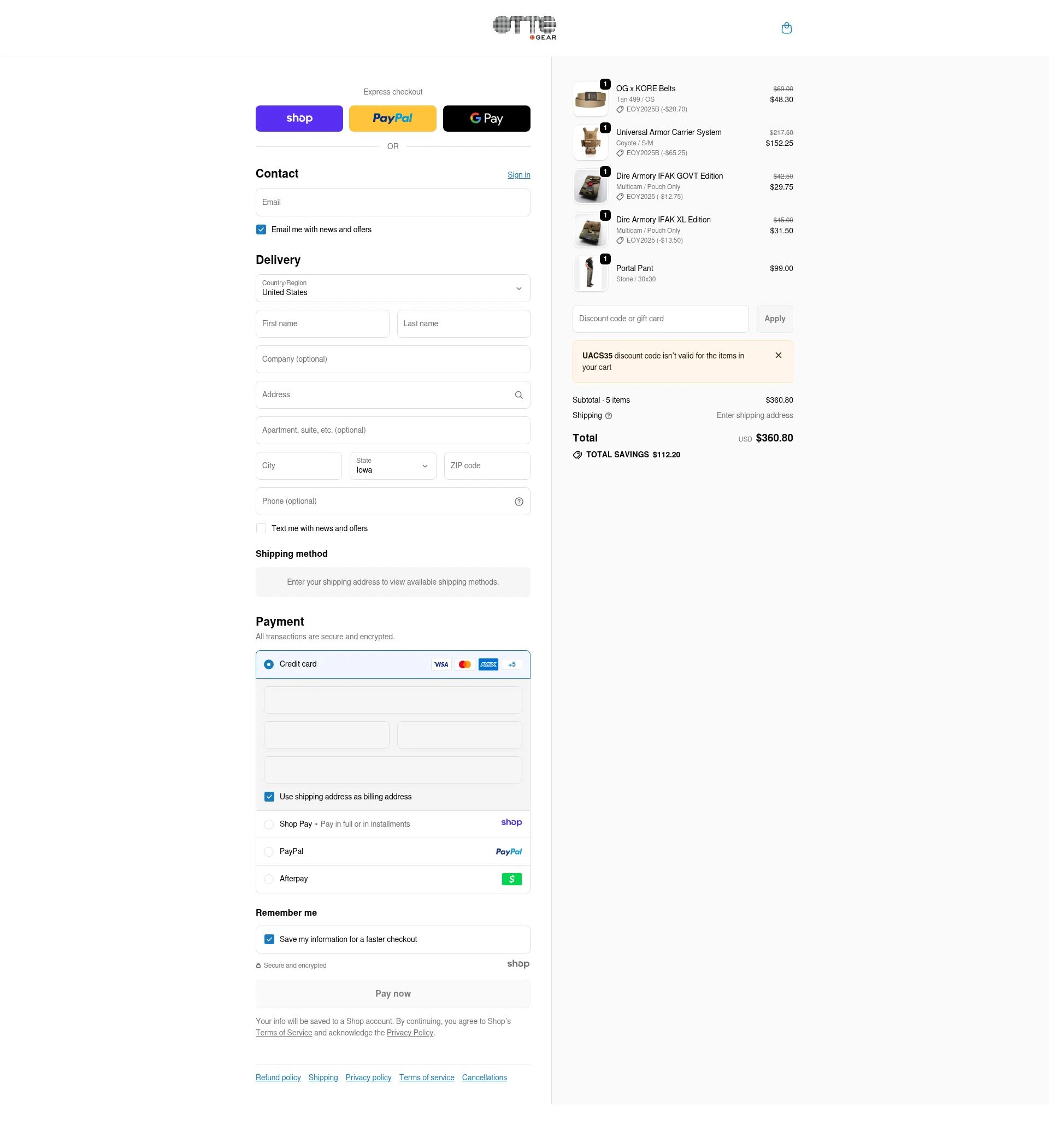 Otte Gear checkout page showing Otte Gear discount code box | Screenshot taken by SimplyCodes community member on Jan 1, 2026