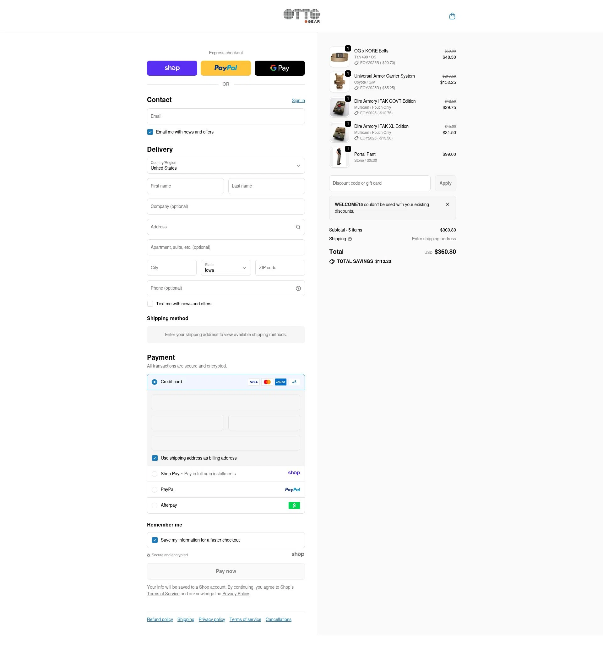 Otte Gear checkout page showing Otte Gear discount code box | Screenshot taken by SimplyCodes community member on Jan 1, 2026