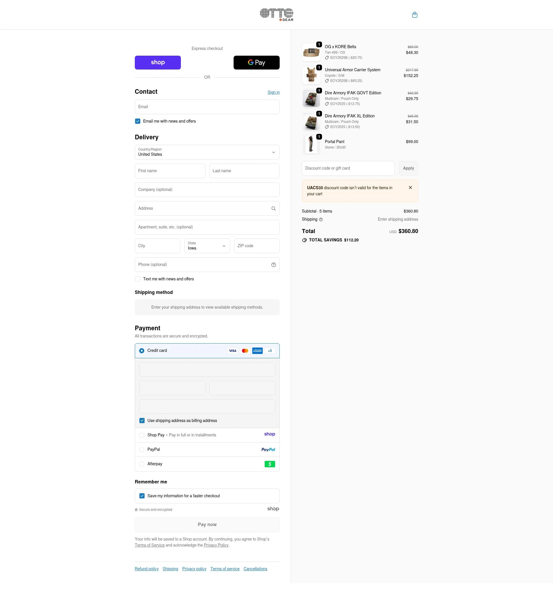 Otte Gear checkout page showing Otte Gear discount code box | Screenshot taken by SimplyCodes community member on Dec 23, 2025