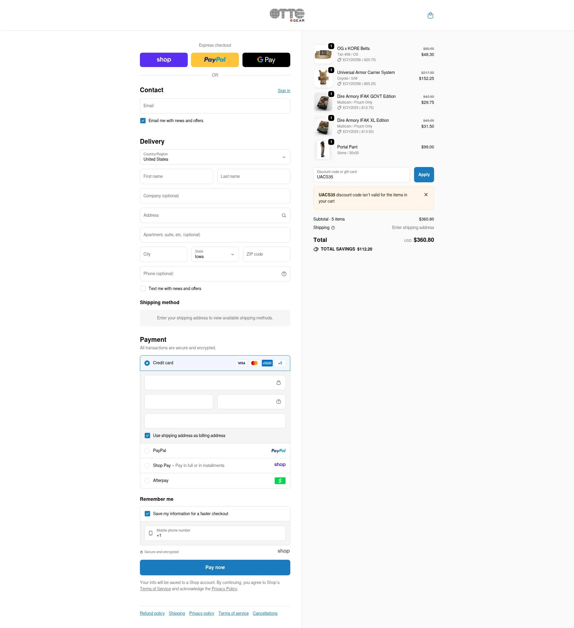 Otte Gear checkout page showing Otte Gear discount code box | Screenshot taken by SimplyCodes community member on Dec 15, 2025