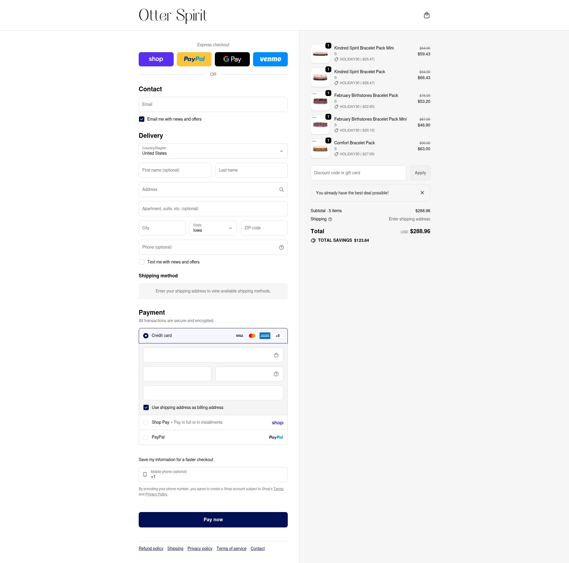 Otter Spirit checkout page showing Otter Spirit discount code box | Screenshot taken by SimplyCodes community member on Feb 16, 2026