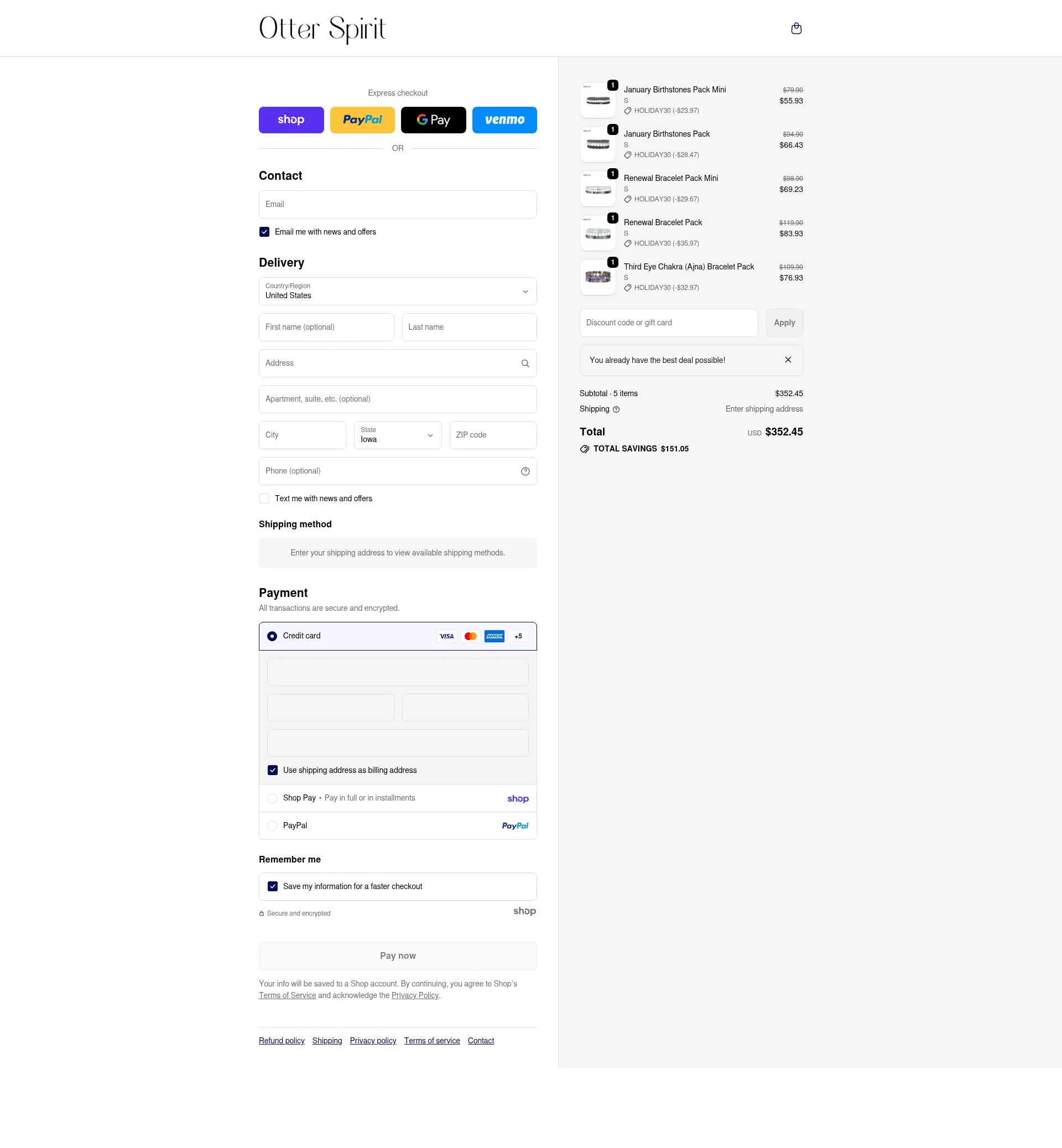 Otter Spirit checkout page showing Otter Spirit discount code box | Screenshot taken by SimplyCodes community member on Jan 30, 2026
