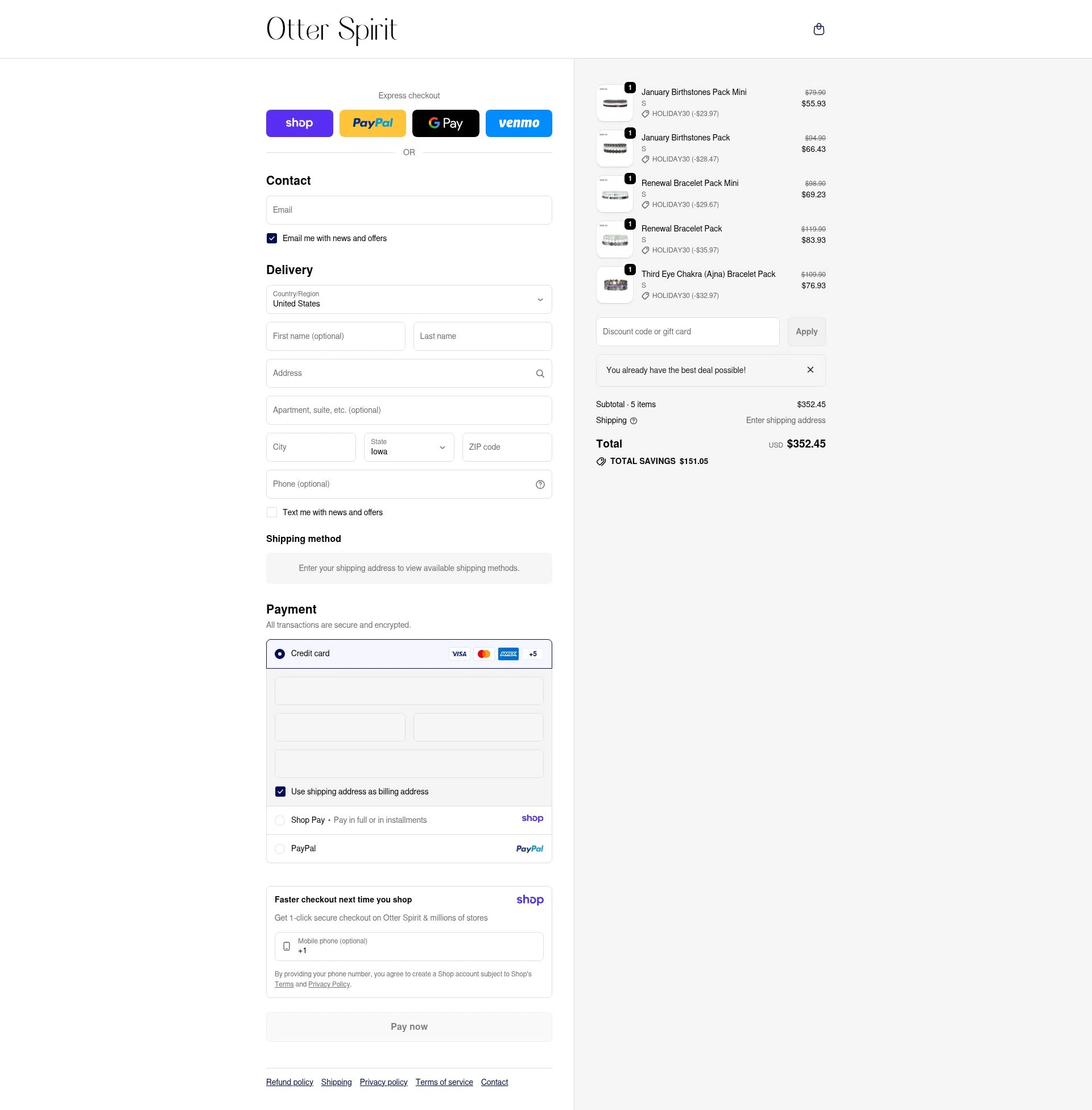 Otter Spirit checkout page showing Otter Spirit discount code box | Screenshot taken by SimplyCodes community member on Jan 16, 2026
