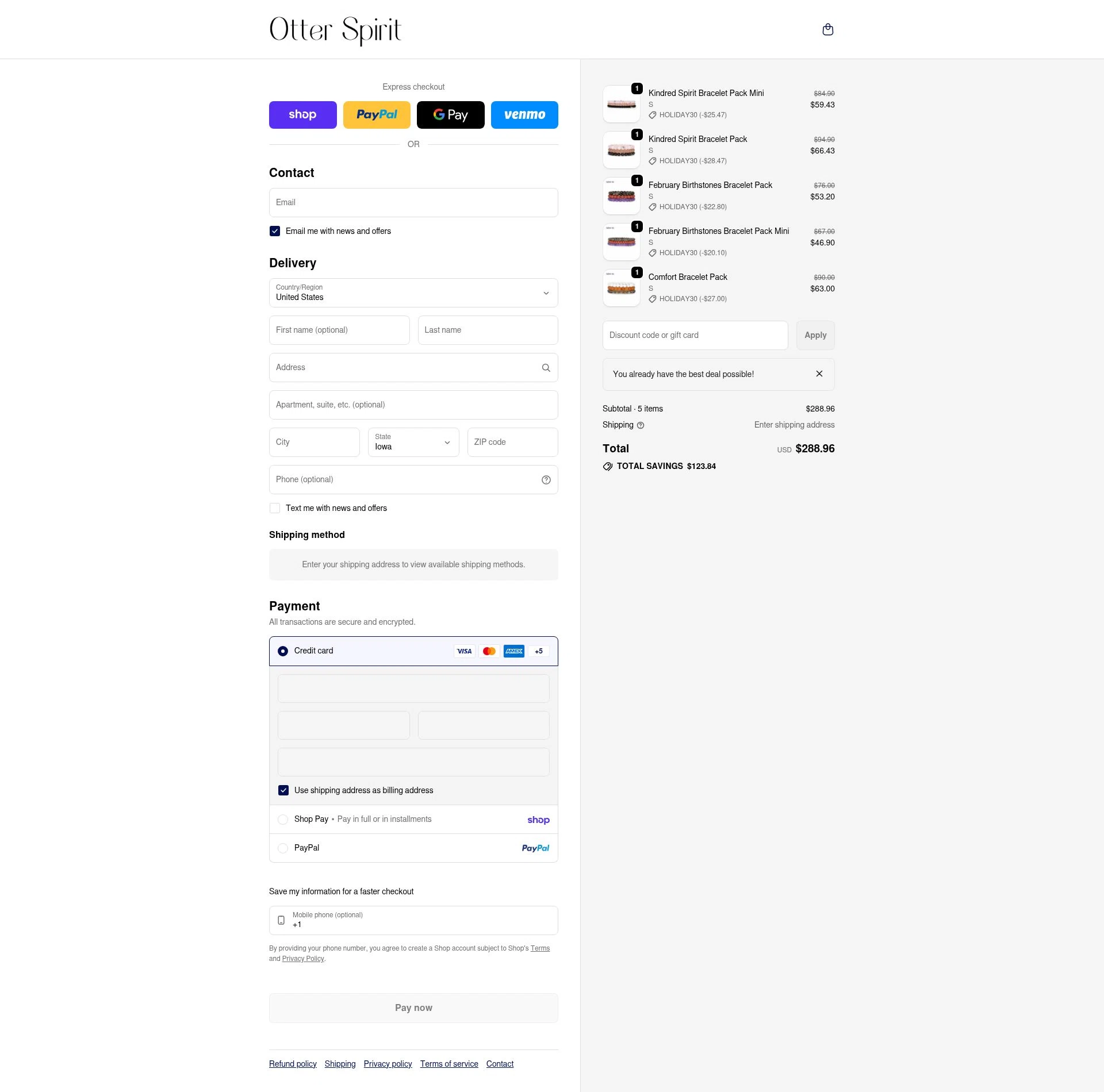 Otter Spirit checkout page showing Otter Spirit discount code box | Screenshot taken by SimplyCodes community member on Feb 12, 2026