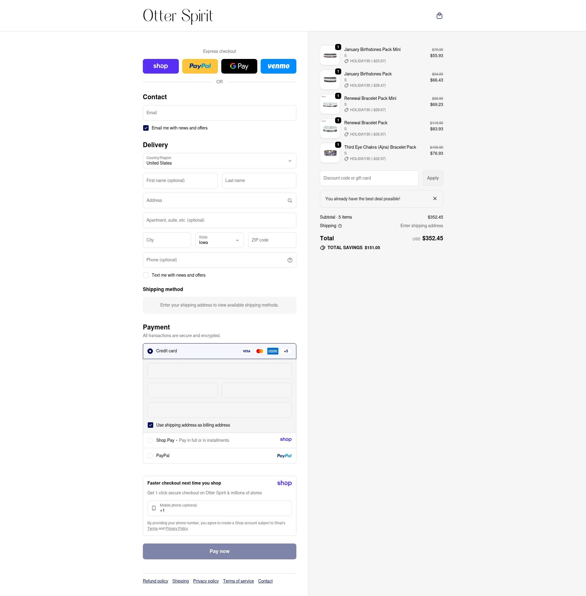 Otter Spirit checkout page showing Otter Spirit discount code box | Screenshot taken by SimplyCodes community member on Jan 11, 2026