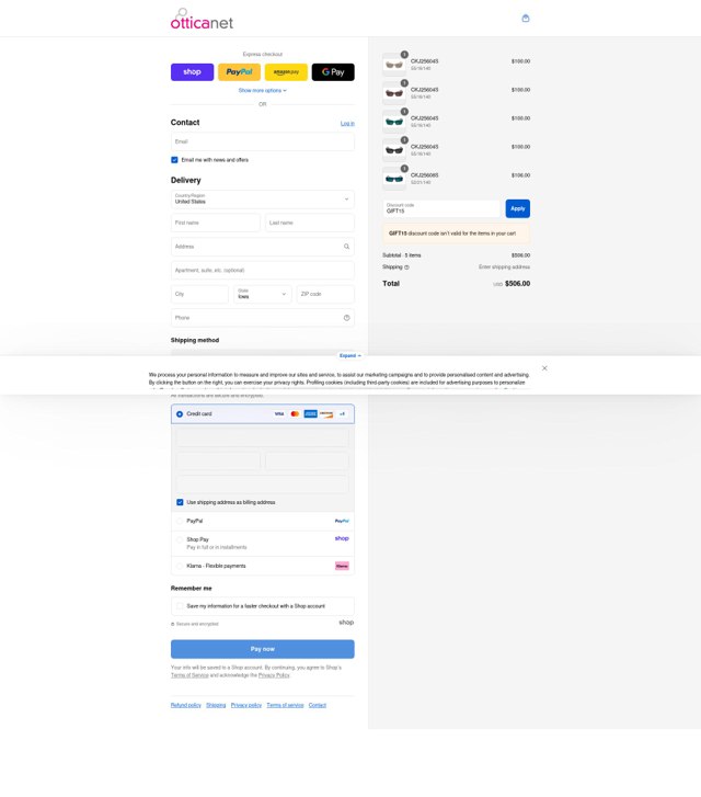 Otticanet checkout page showing Otticanet promo code box | Screenshot taken by SimplyCodes community member on Aug 31, 2025