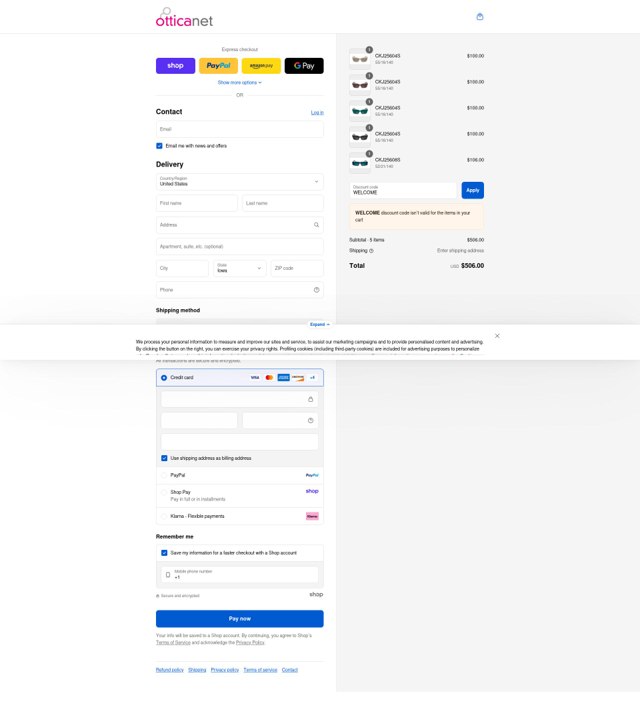 Otticanet checkout page showing Otticanet promo code box | Screenshot taken by SimplyCodes community member on Sep 4, 2025