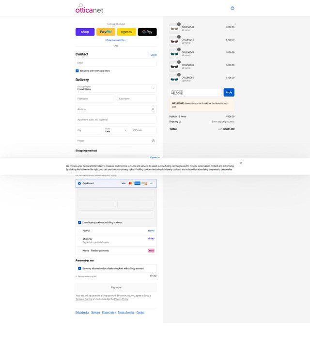 Otticanet checkout page showing Otticanet promo code box | Screenshot taken by SimplyCodes community member on Aug 31, 2025
