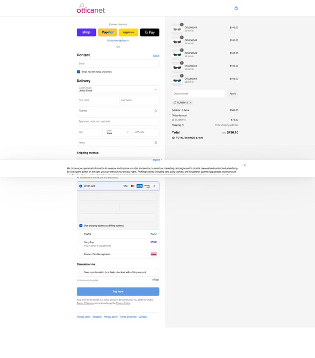 Otticanet checkout page showing Otticanet promo code box | Screenshot taken by SimplyCodes community member on Aug 31, 2025