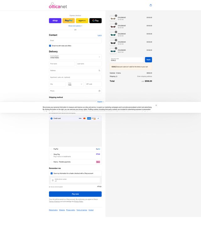 Otticanet checkout page showing Otticanet promo code box | Screenshot taken by SimplyCodes community member on Aug 31, 2025