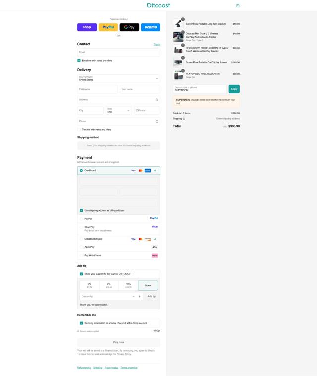ottocast checkout page showing ottocast discount code box | Screenshot taken by SimplyCodes community member on Sep 16, 2025
