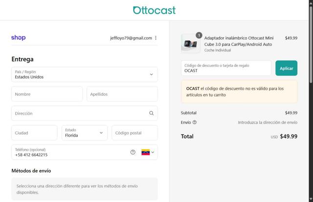 ottocast checkout page showing ottocast discount code box | Screenshot taken by SimplyCodes community member on Sep 17, 2025
