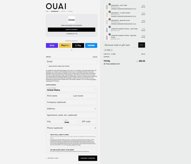 Ouai checkout page showing Ouai discount code box | Screenshot taken by SimplyCodes community member on Sep 12, 2025