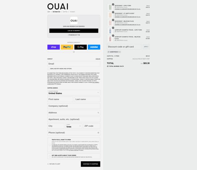 Ouai checkout page showing Ouai discount code box | Screenshot taken by SimplyCodes community member on Sep 12, 2025