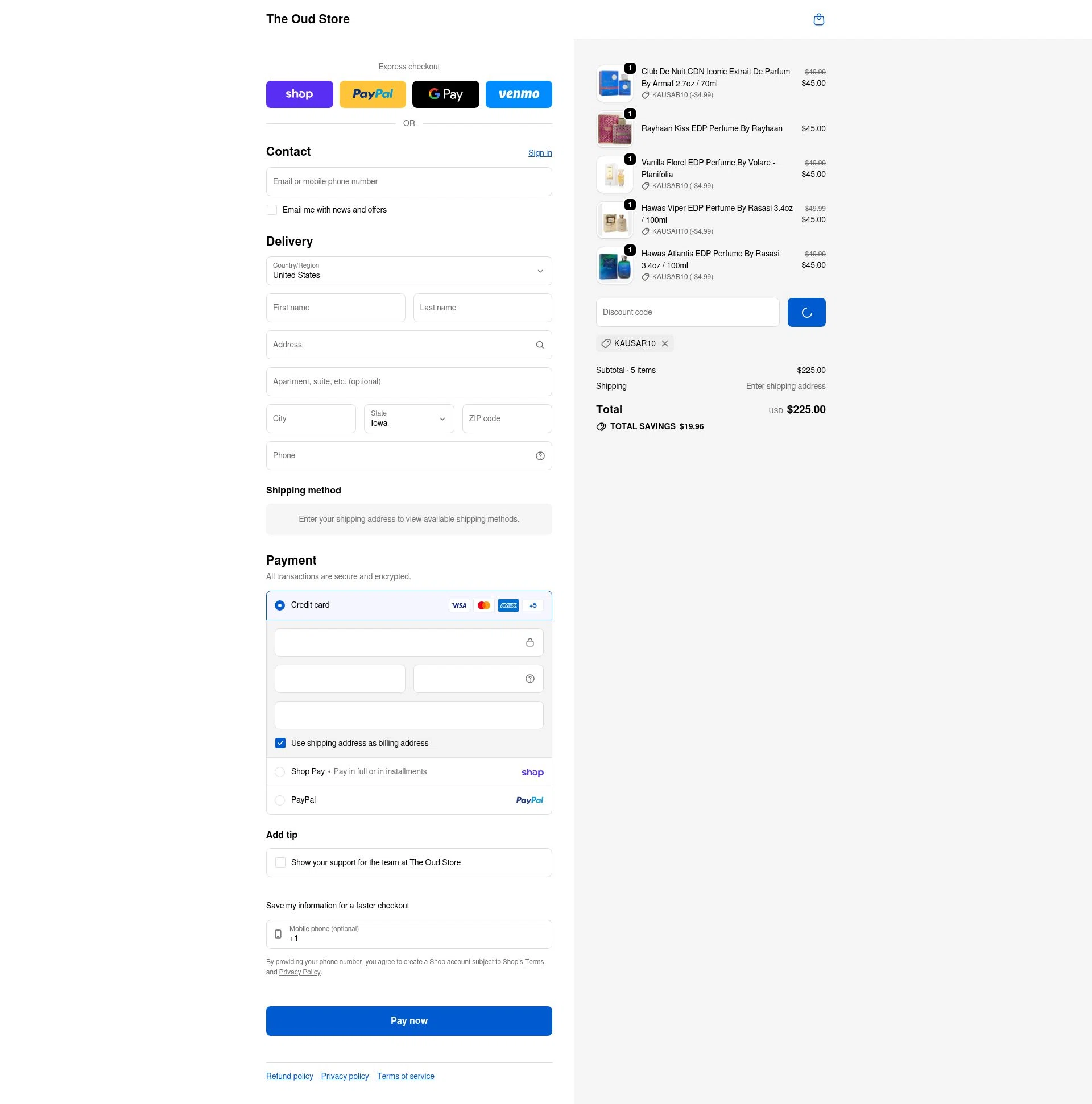 The Oud Store checkout page showing The Oud Store discount code box | Screenshot taken by SimplyCodes community member on Feb 24, 2026