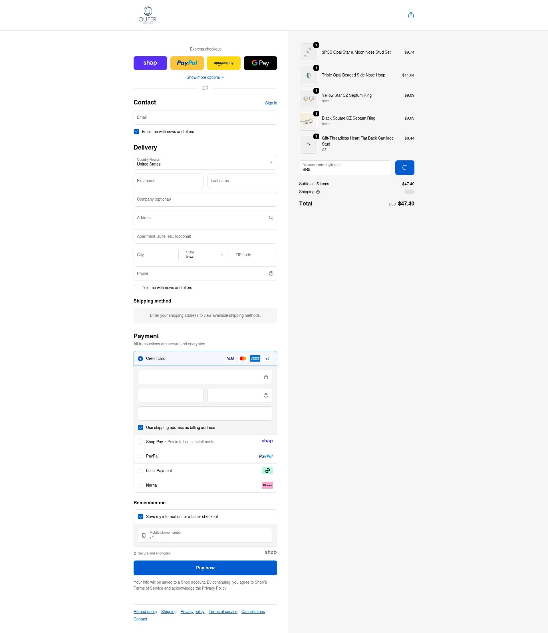 Oufer Body Piercing checkout page showing Oufer Body Piercing promo code box | Screenshot taken by SimplyCodes community member on Dec 24, 2025