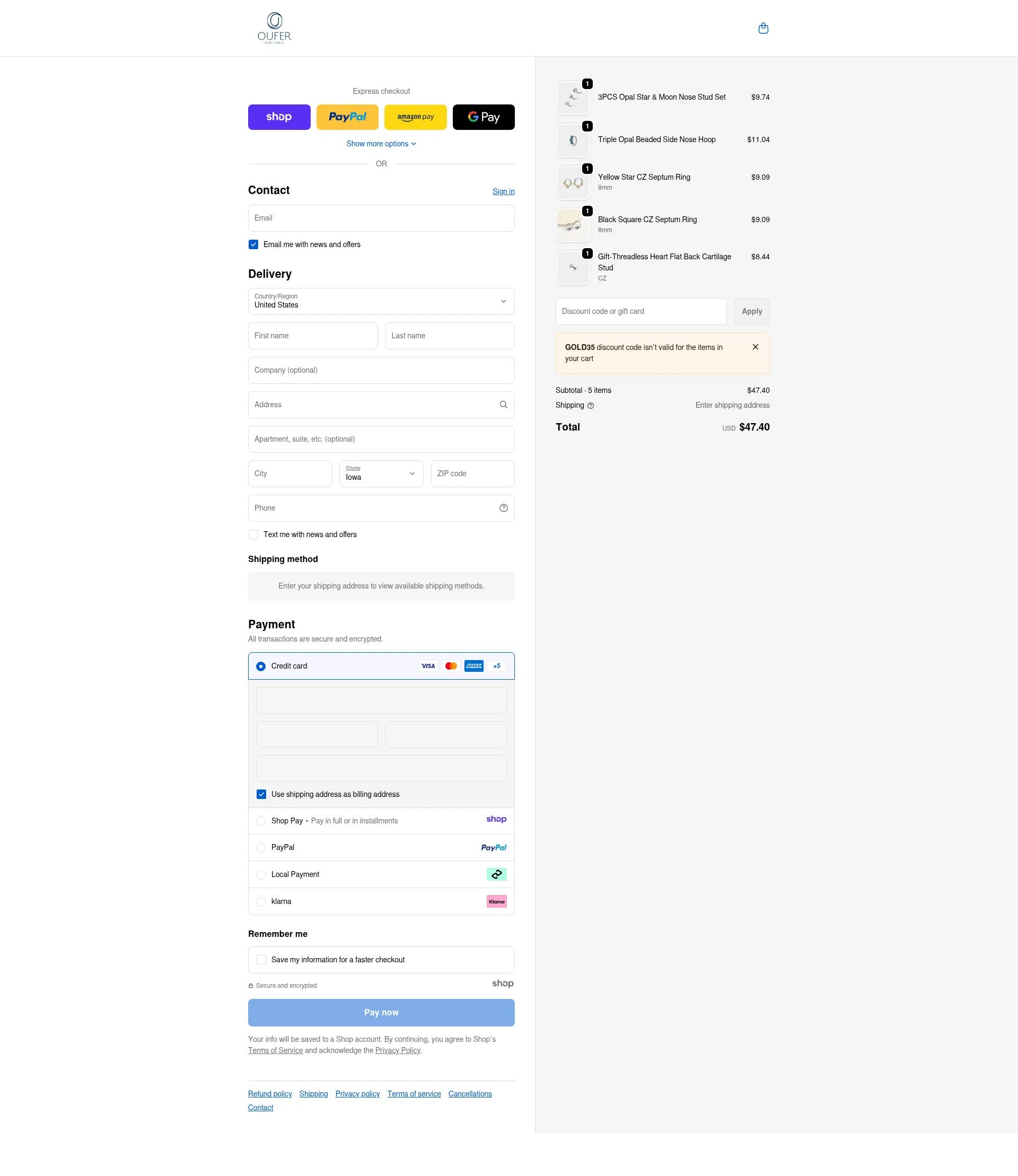 Oufer Body Piercing checkout page showing Oufer Body Piercing promo code box | Screenshot taken by SimplyCodes community member on Dec 24, 2025