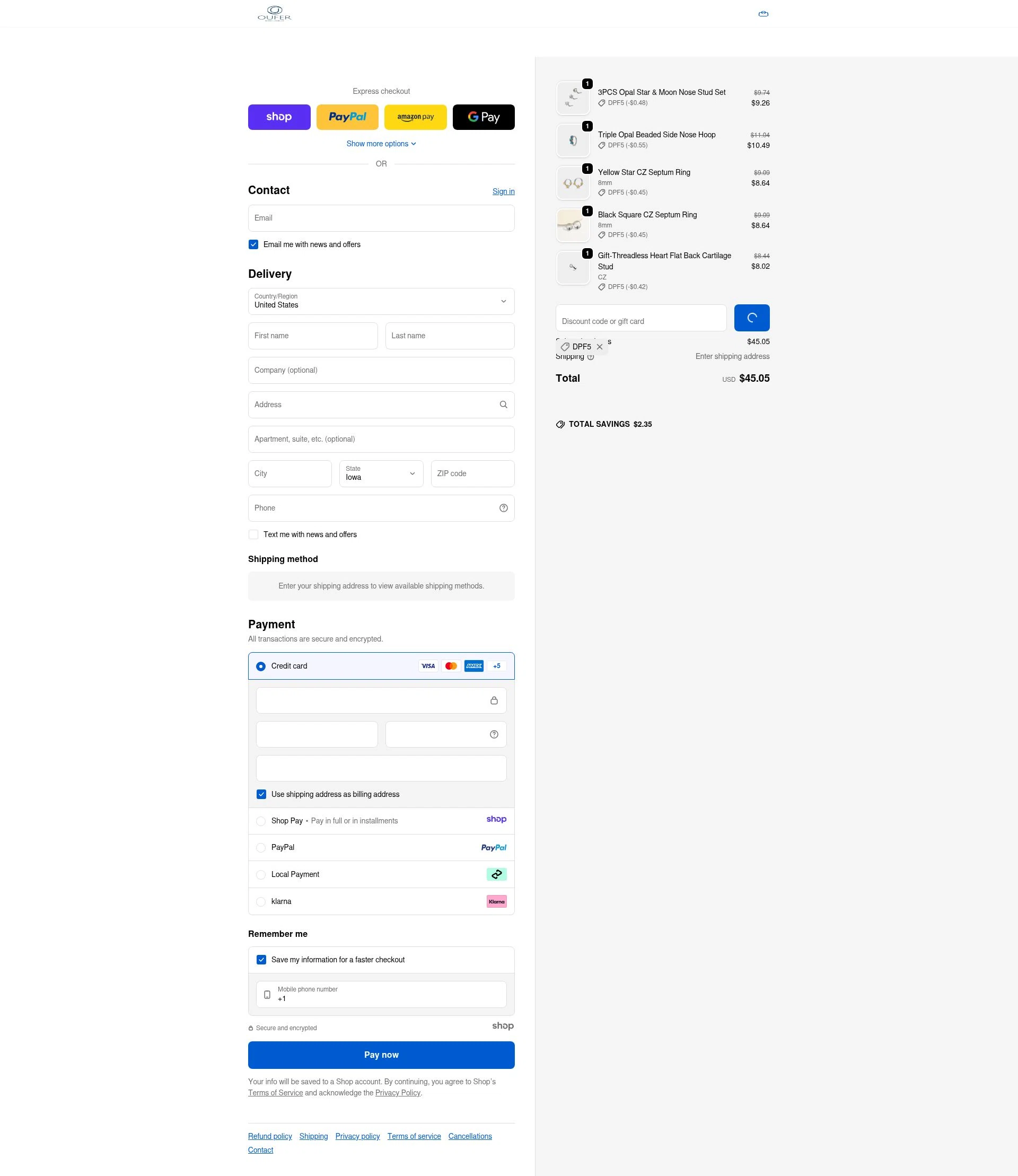 Oufer Body Piercing checkout page showing Oufer Body Piercing promo code box | Screenshot taken by SimplyCodes community member on Dec 29, 2025