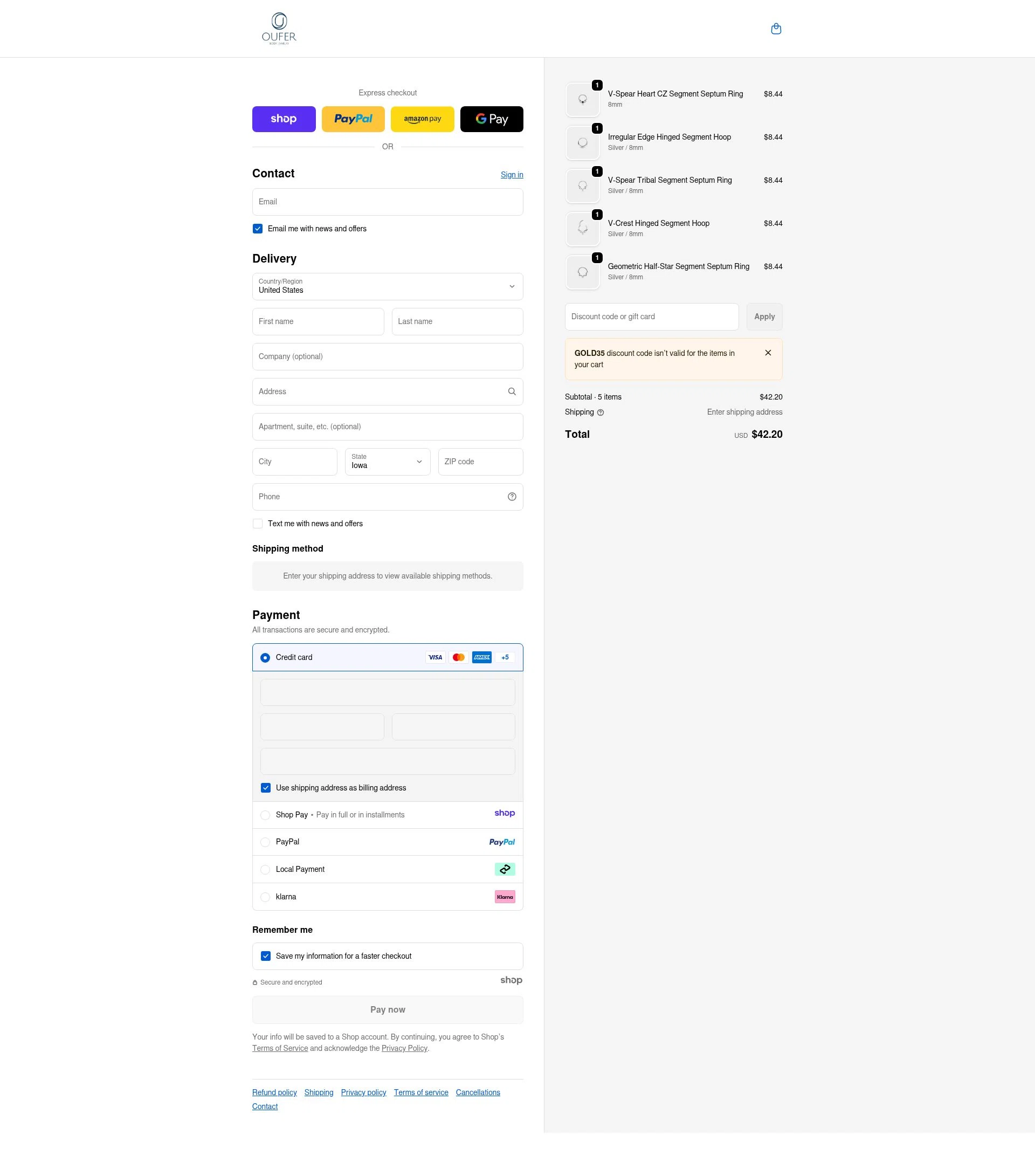 Oufer Body Piercing checkout page showing Oufer Body Piercing promo code box | Screenshot taken by SimplyCodes community member on Dec 18, 2025