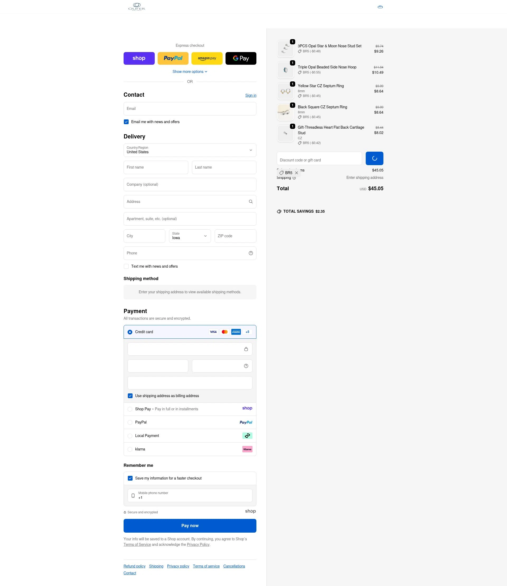 Oufer Body Piercing checkout page showing Oufer Body Piercing promo code box | Screenshot taken by SimplyCodes community member on Dec 29, 2025