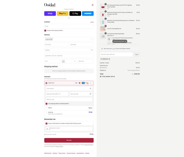 Ouidad checkout page showing Ouidad promo code box | Screenshot taken by SimplyCodes community member on Sep 8, 2025