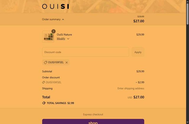 OuiSi checkout page showing OuiSi discount code box | Screenshot taken by SimplyCodes community member on Aug 30, 2025
