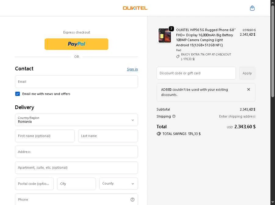 Oukitel checkout page showing Oukitel promo code box | Screenshot taken by SimplyCodes community member on Jan 5, 2026
