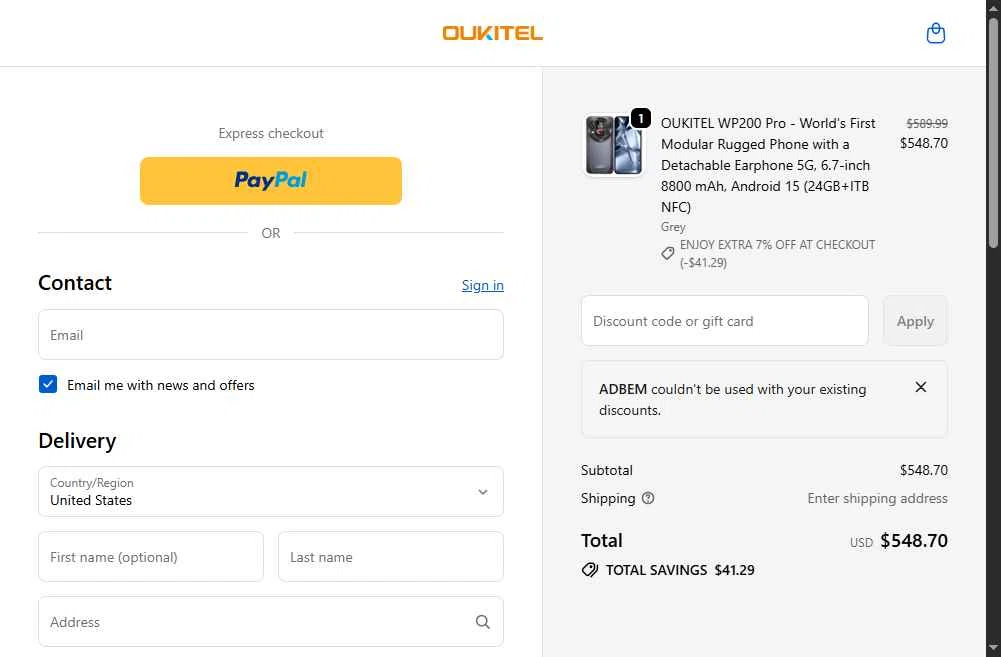 Oukitel checkout page showing Oukitel promo code box | Screenshot taken by SimplyCodes community member on Jan 5, 2026