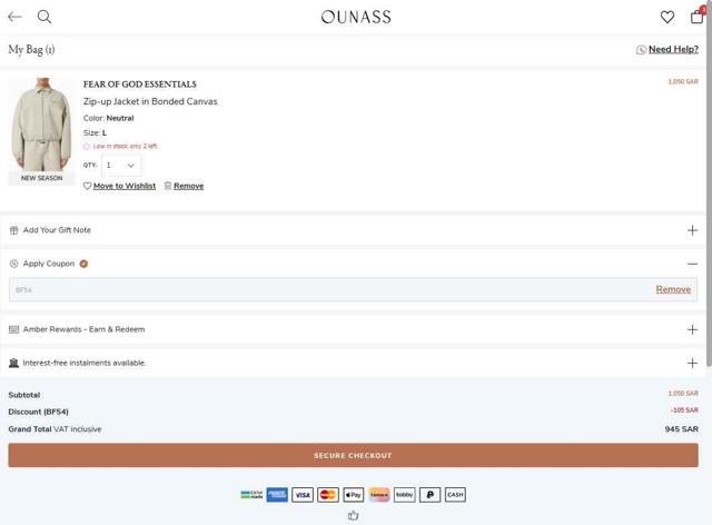 Ounass checkout page showing Ounass discount code box | Screenshot taken by SimplyCodes community member on Sep 9, 2025