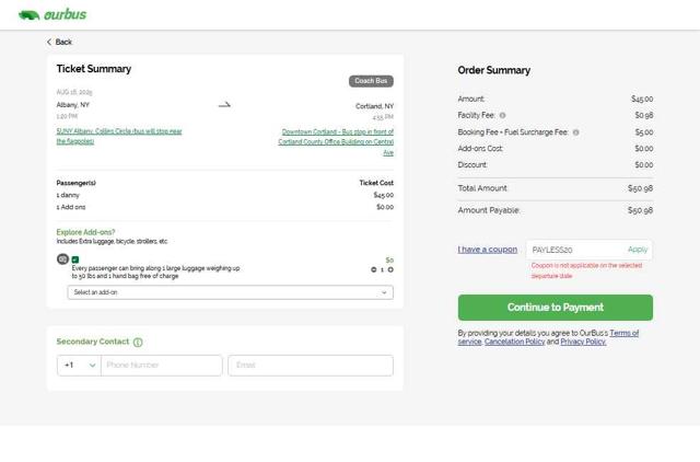 Our Bus checkout page showing Our Bus coupon code box | Screenshot taken by SimplyCodes community member on Aug 2, 2025