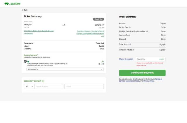 Our Bus checkout page showing Our Bus coupon code box | Screenshot taken by SimplyCodes community member on Aug 2, 2025