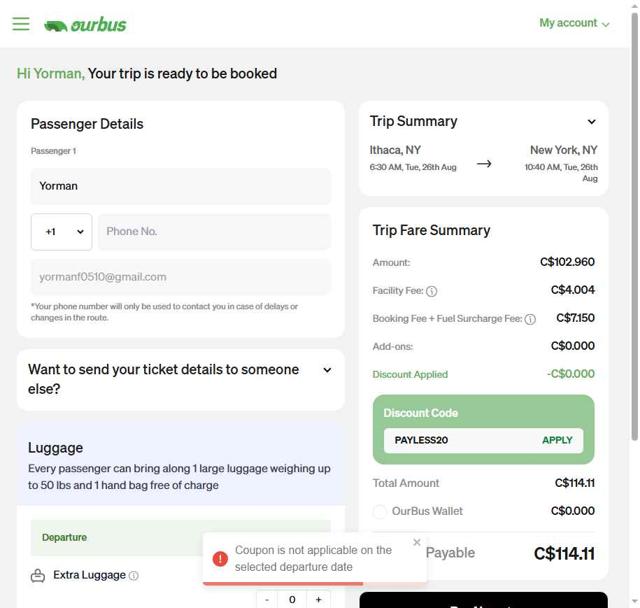 Our Bus checkout page showing Our Bus coupon code box | Screenshot taken by SimplyCodes community member on Aug 26, 2025