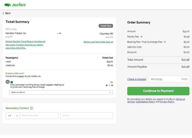 Our Bus checkout page showing Our Bus coupon code box | Screenshot taken by SimplyCodes community member on Aug 18, 2025