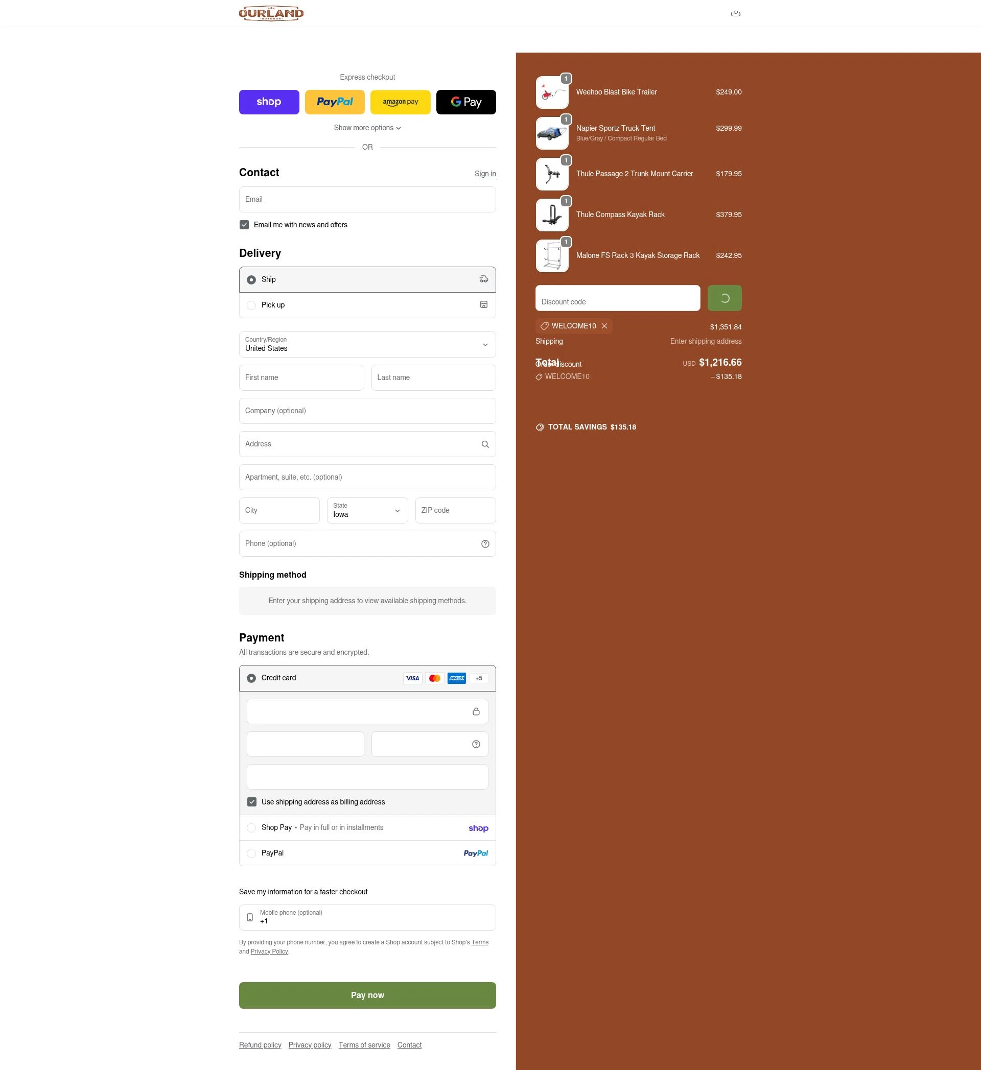 Ourland Outdoor checkout page showing Ourland Outdoor discount code box | Screenshot taken by SimplyCodes community member on Feb 22, 2026