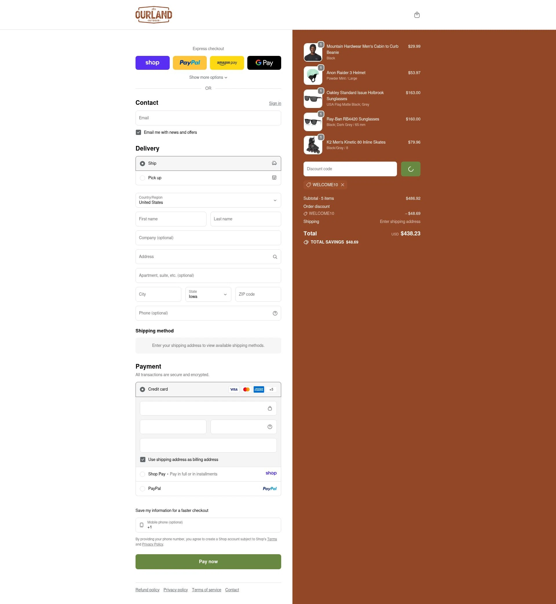 Ourland Outdoor checkout page showing Ourland Outdoor discount code box | Screenshot taken by SimplyCodes community member on Jan 12, 2026