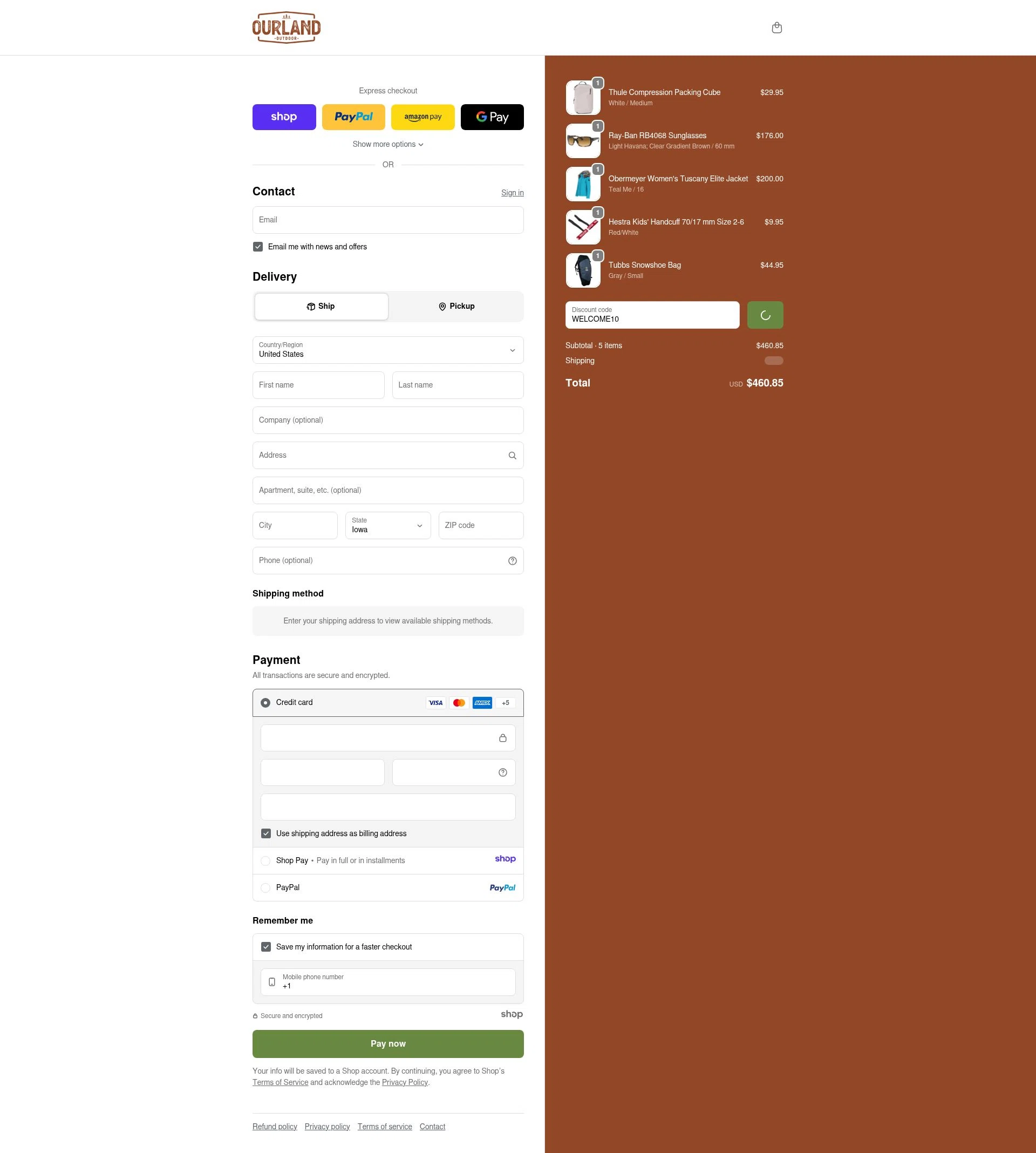 Ourland Outdoor checkout page showing Ourland Outdoor discount code box | Screenshot taken by SimplyCodes community member on Jan 17, 2026
