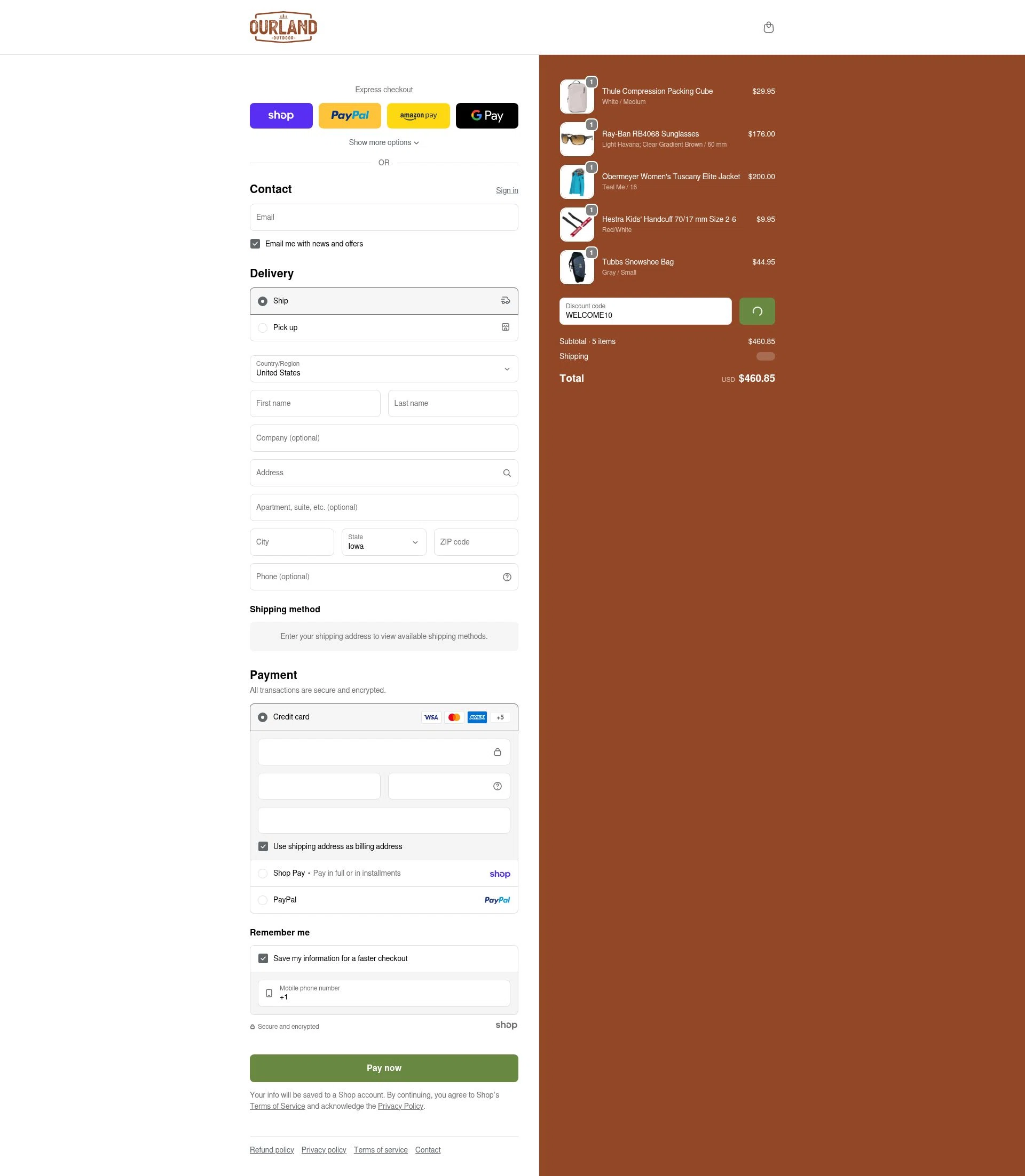 Ourland Outdoor checkout page showing Ourland Outdoor discount code box | Screenshot taken by SimplyCodes community member on Jan 22, 2026