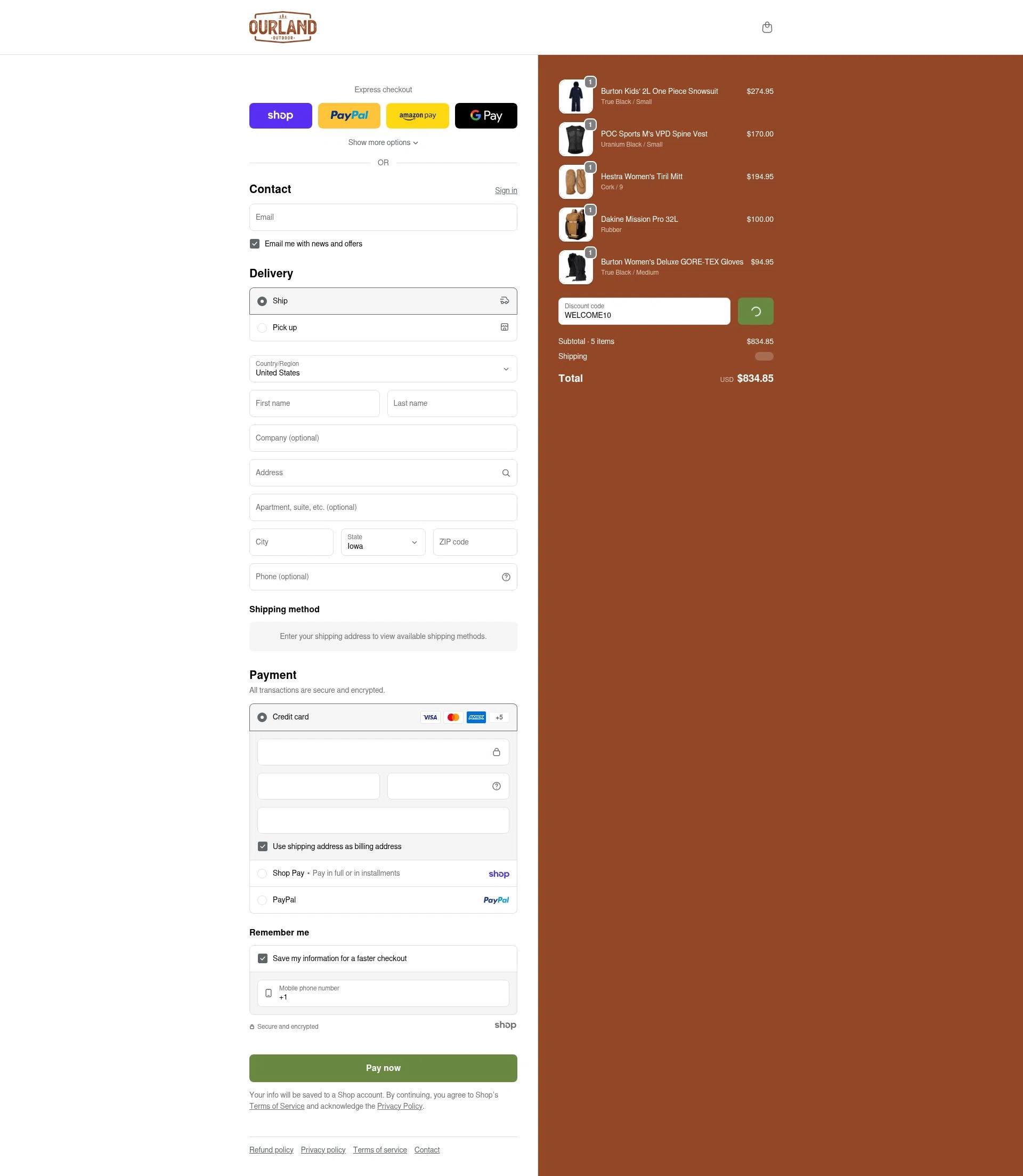 Ourland Outdoor checkout page showing Ourland Outdoor discount code box | Screenshot taken by SimplyCodes community member on Jan 27, 2026