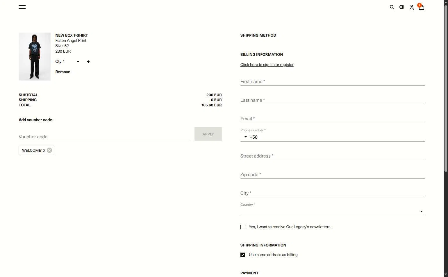 Our Legacy checkout page showing Our Legacy promo code box | Screenshot taken by SimplyCodes community member on Feb 18, 2026
