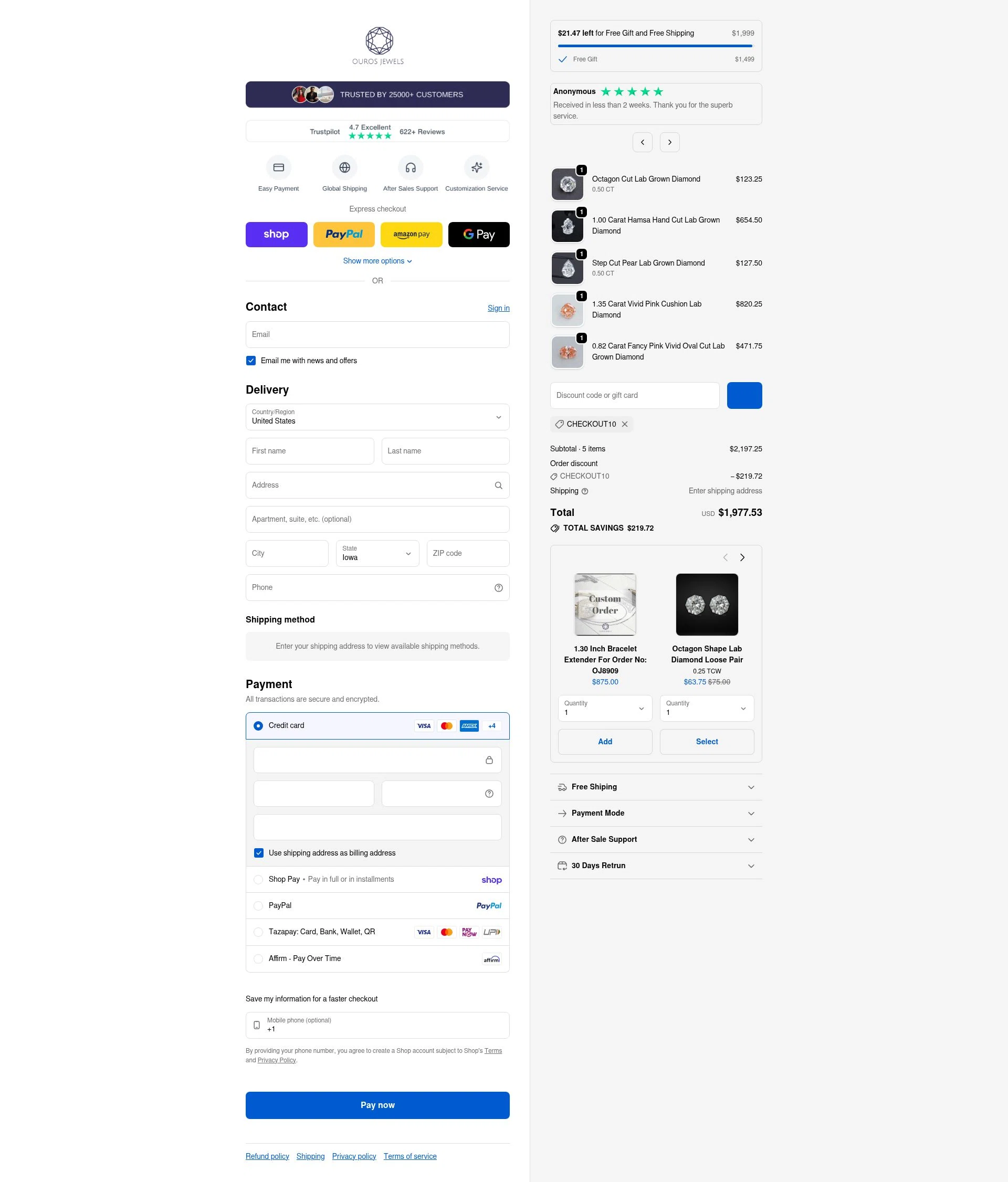 Ouros Jewels checkout page showing Ouros Jewels promo code box | Screenshot taken by SimplyCodes community member on Feb 18, 2026
