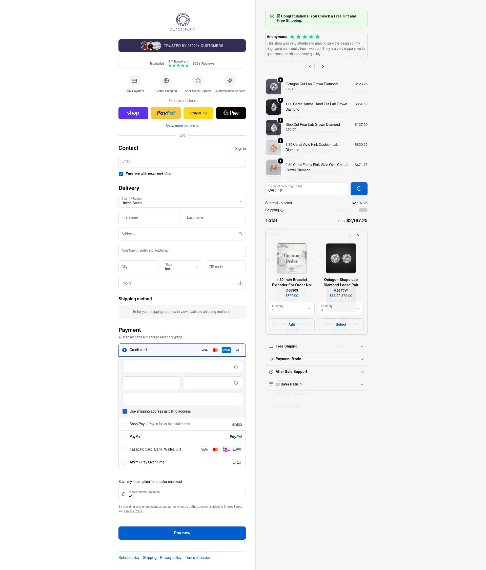 Ouros Jewels checkout page showing Ouros Jewels promo code box | Screenshot taken by SimplyCodes community member on Feb 18, 2026