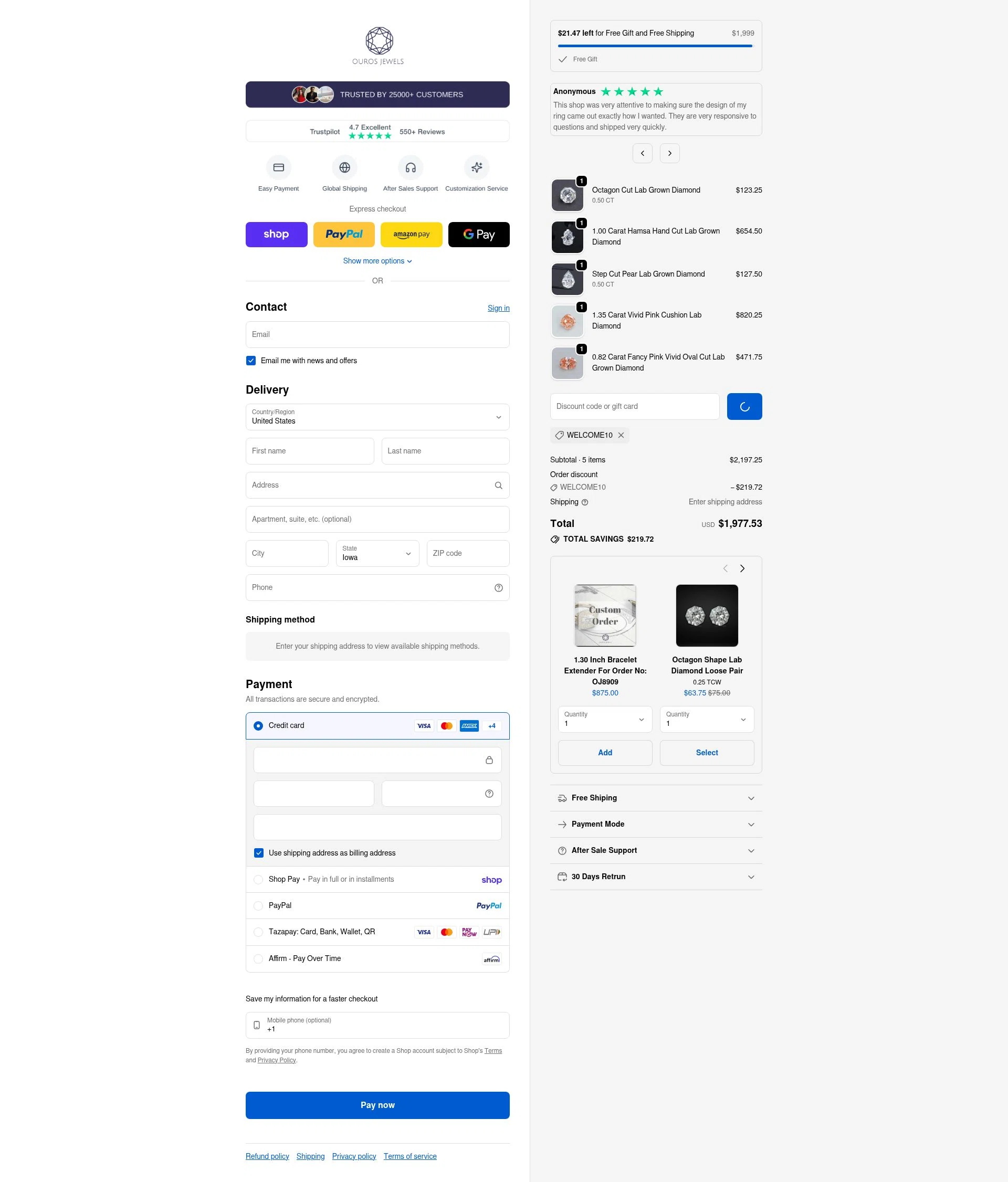 Ouros Jewels checkout page showing Ouros Jewels promo code box | Screenshot taken by SimplyCodes community member on Feb 5, 2026