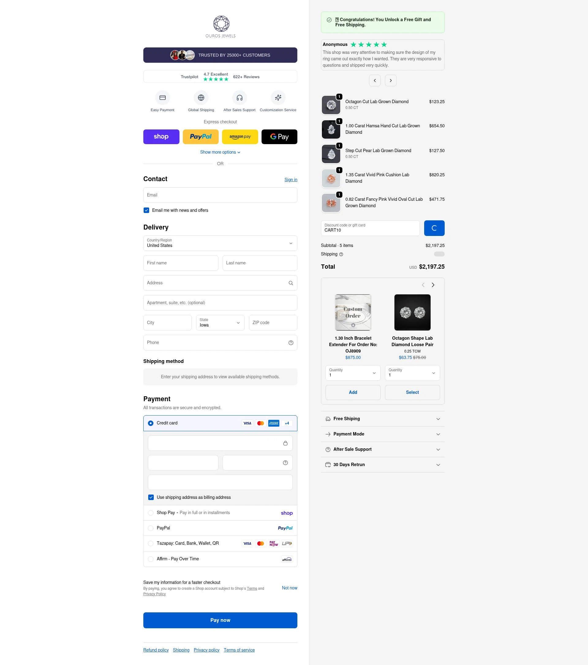 Ouros Jewels checkout page showing Ouros Jewels promo code box | Screenshot taken by SimplyCodes community member on Feb 14, 2026