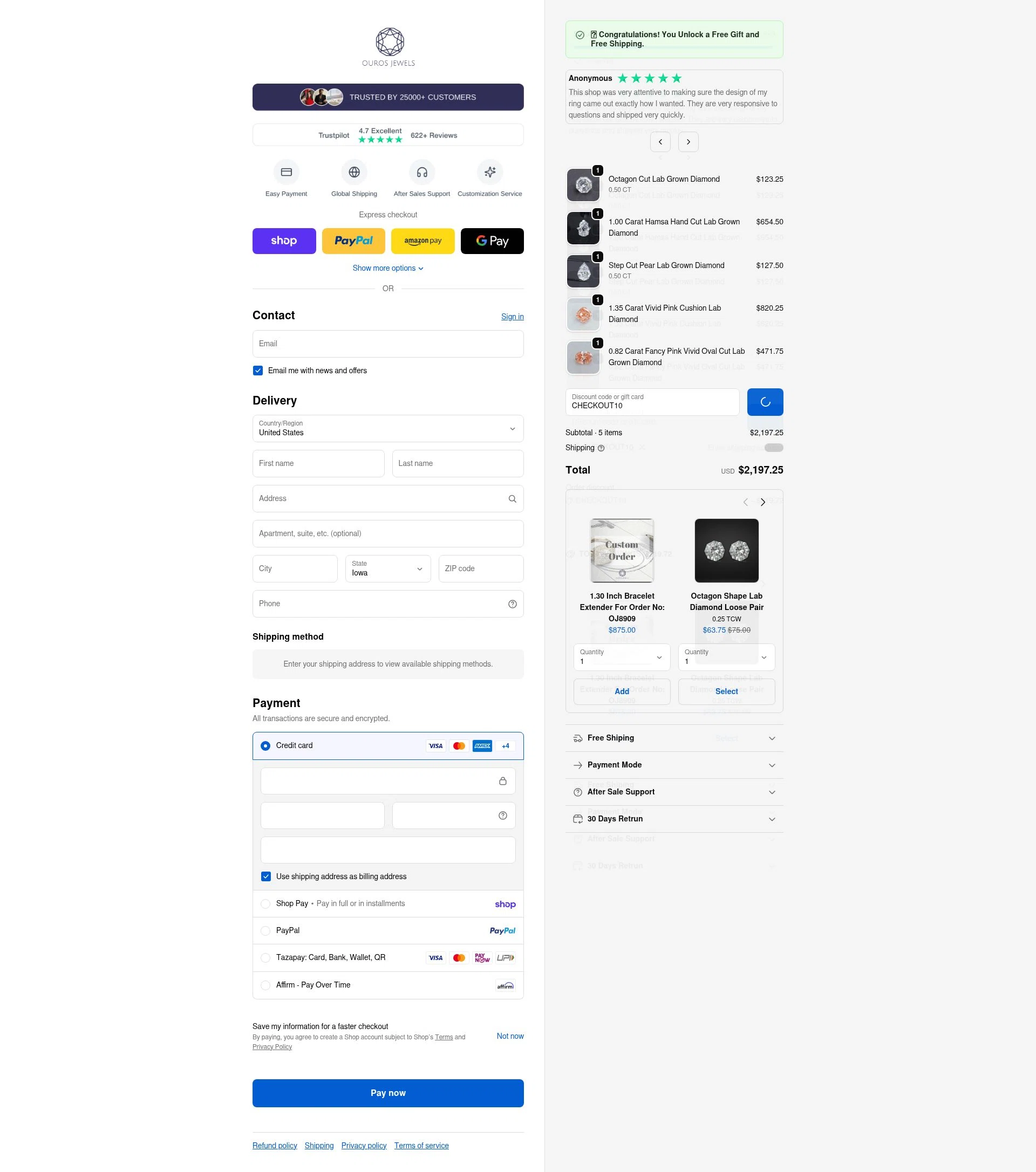 Ouros Jewels checkout page showing Ouros Jewels promo code box | Screenshot taken by SimplyCodes community member on Feb 14, 2026