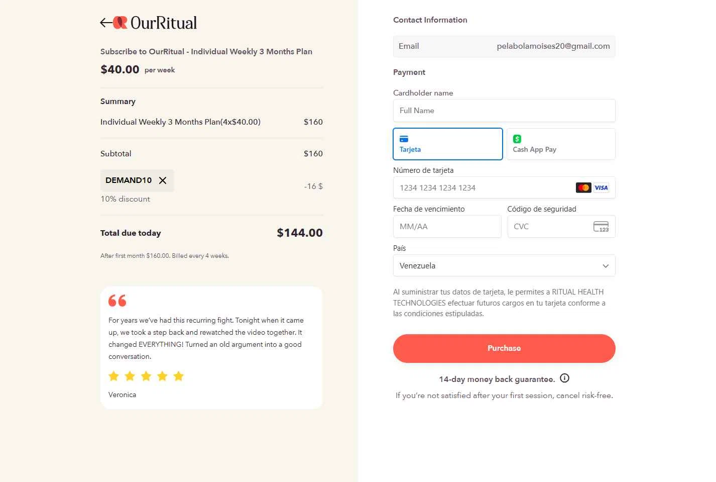 OurRitual checkout page showing OurRitual promo code box | Screenshot taken by SimplyCodes community member on May 21, 2025