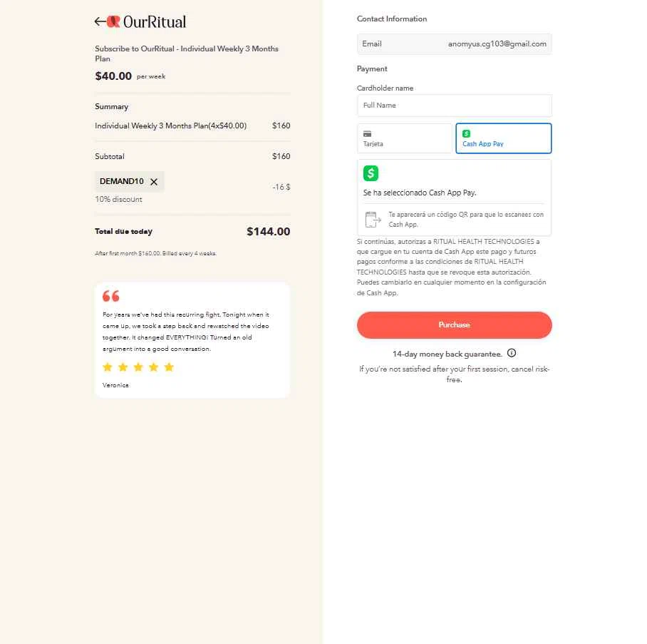 OurRitual checkout page showing OurRitual promo code box | Screenshot taken by SimplyCodes community member on Oct 6, 2025
