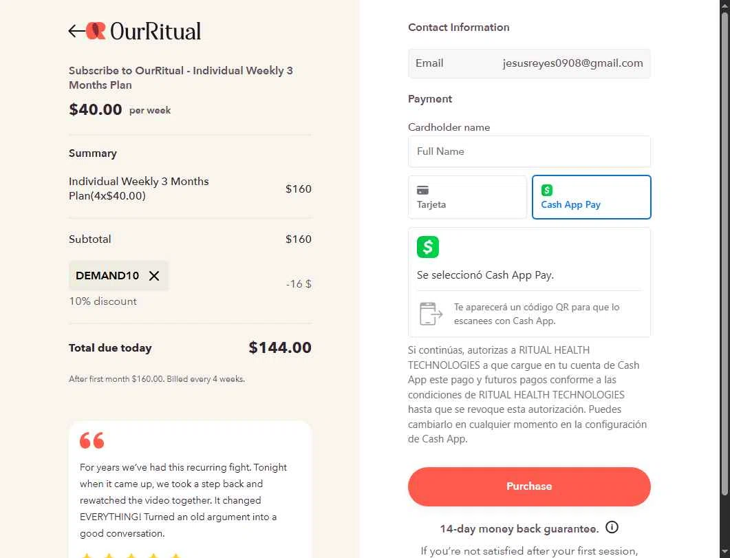 OurRitual checkout page showing OurRitual promo code box | Screenshot taken by SimplyCodes community member on Jun 12, 2025