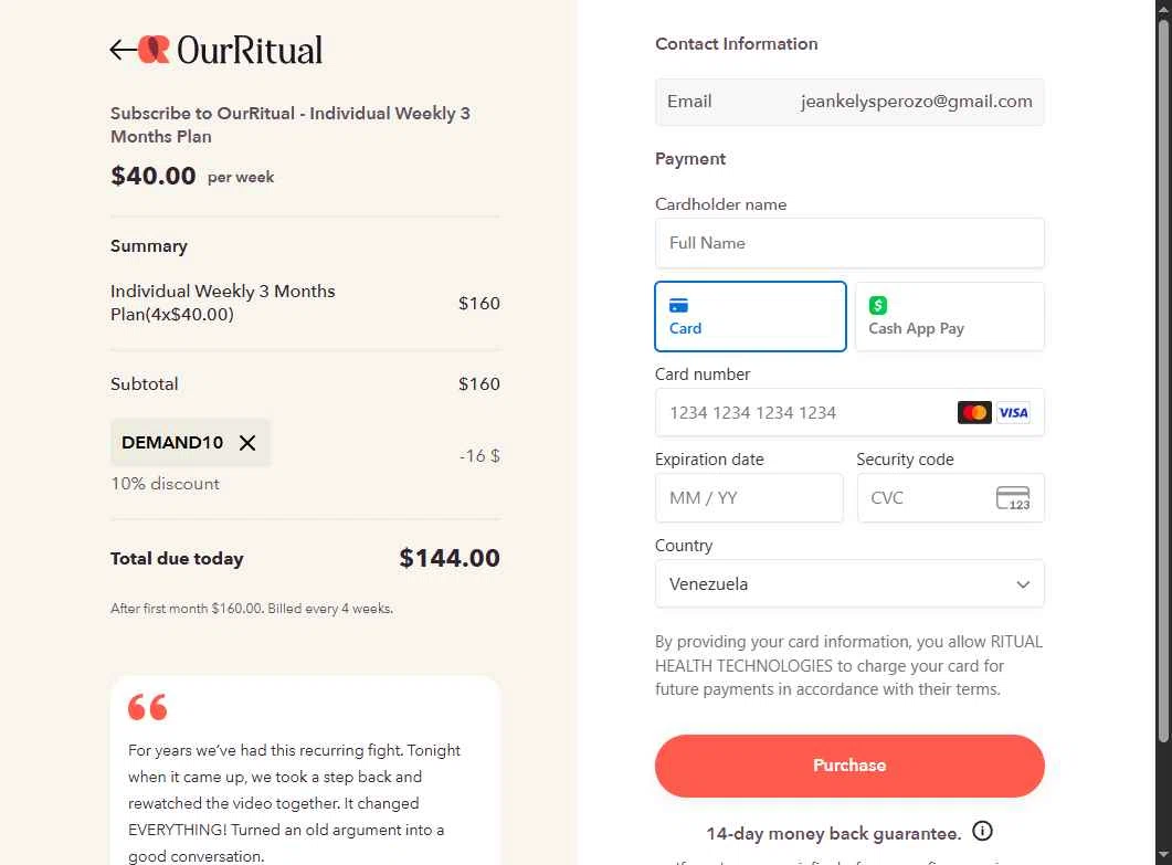 OurRitual checkout page showing OurRitual promo code box | Screenshot taken by SimplyCodes community member on Aug 9, 2025